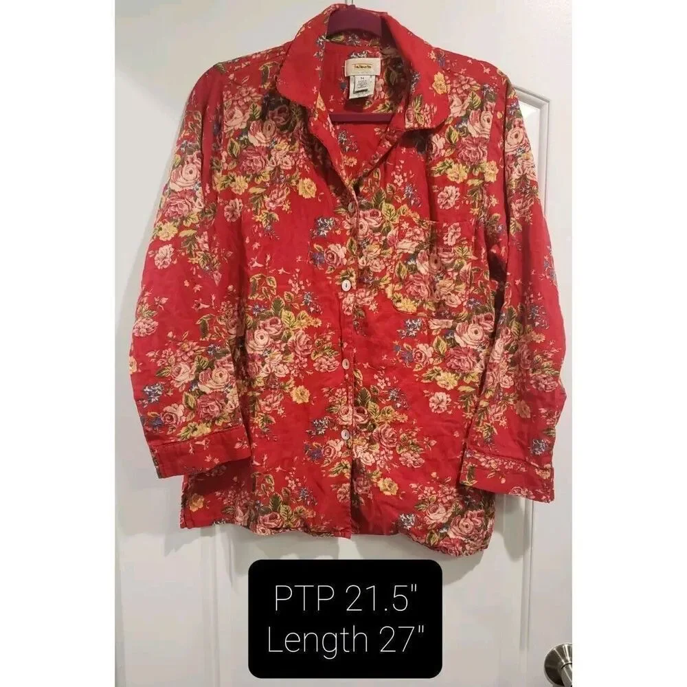 VINTAGE Talbots Intimates Red Floral Capiz Button Sleep Top‎ Size Medium